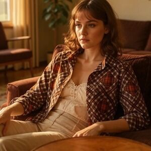 MLM vintage 1970's Multicolor Plaid button front polyester Shirt‎ size Large